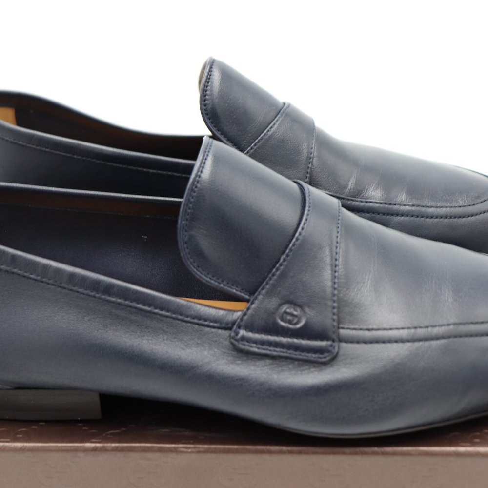 NIB Gucci Mens Navy Blue Unlined Leather Slip-on Loafers Shoes - Picture 5 of 9